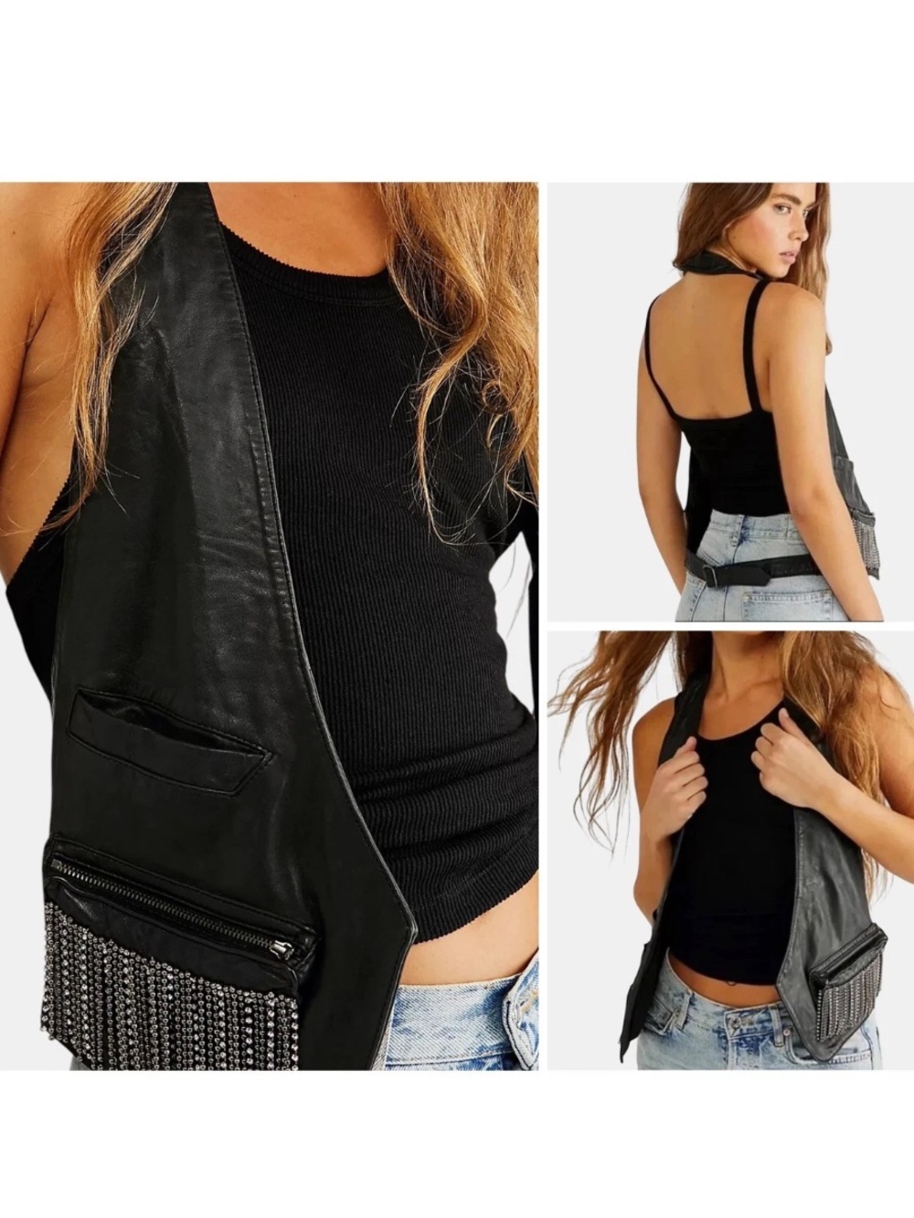 Free People Black Lamb Leather Vest Belle Of The Ball Harness Moto Biker O/S